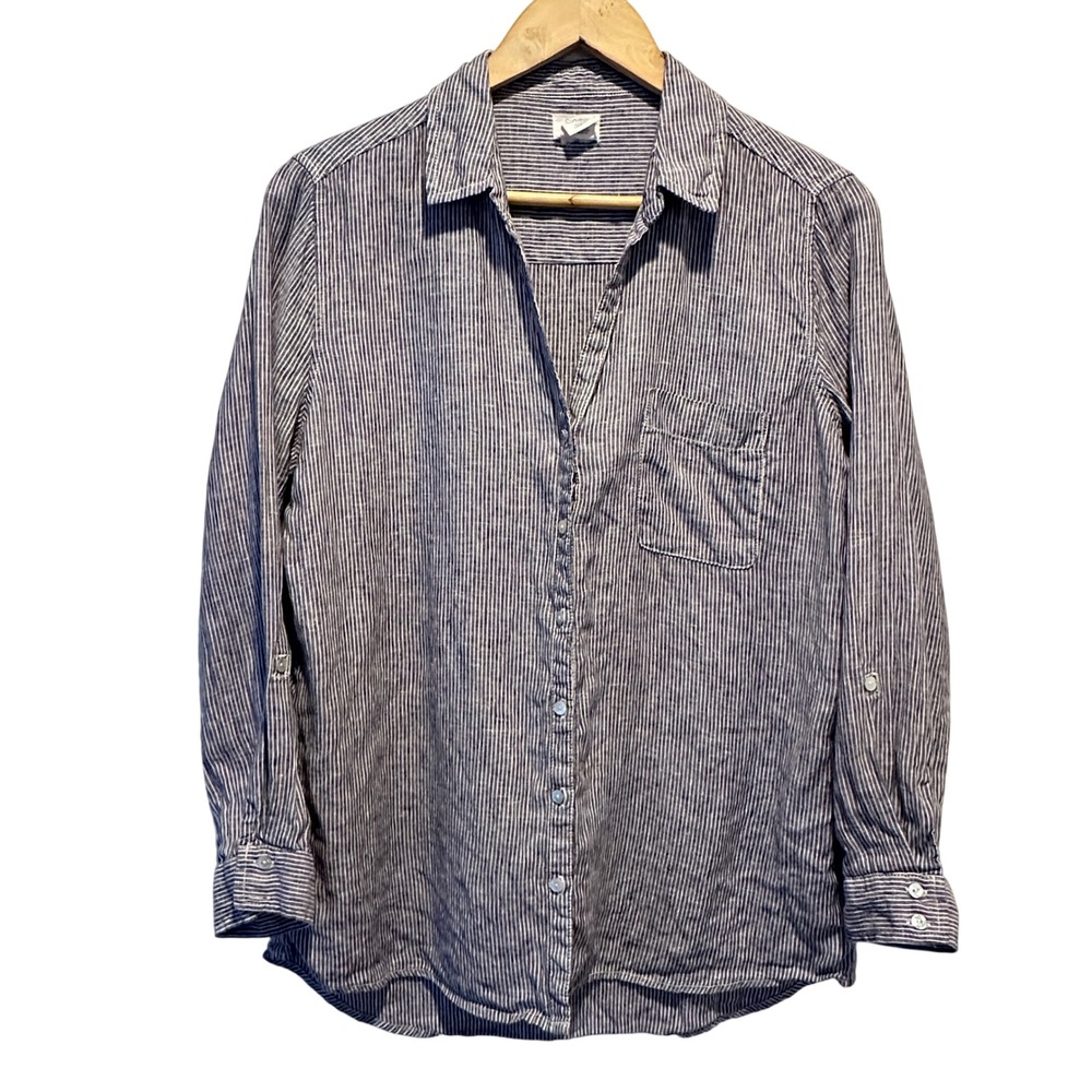 Sigrid Olsen Striped Linen Button Up Shirt Women Medium Blue Coastal Casual